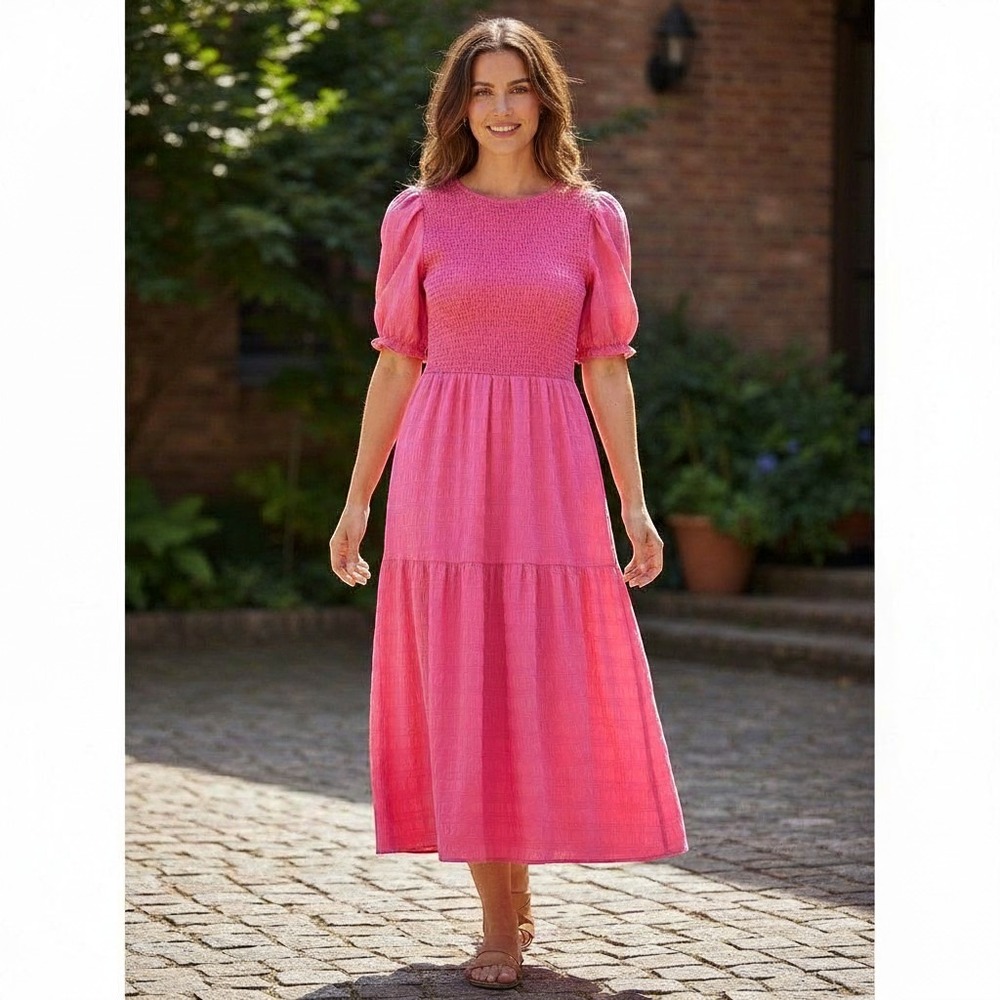 Hot Pink Smocked Midi Maxi Dress Puff Sleeve Vacation Cruise Cottagecore Medium